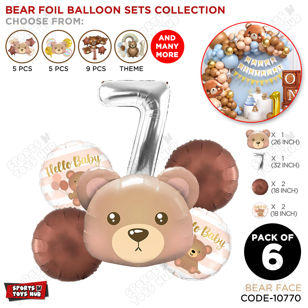 Bear Face With Hello Baby Round Foil Balloon Set - Pack Of 6