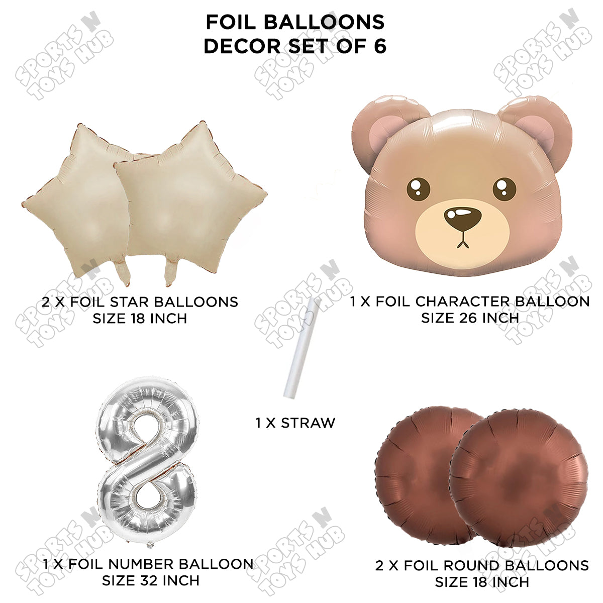 Jungle Safari Bear Face Pack Of 6 Foil Balloon Set