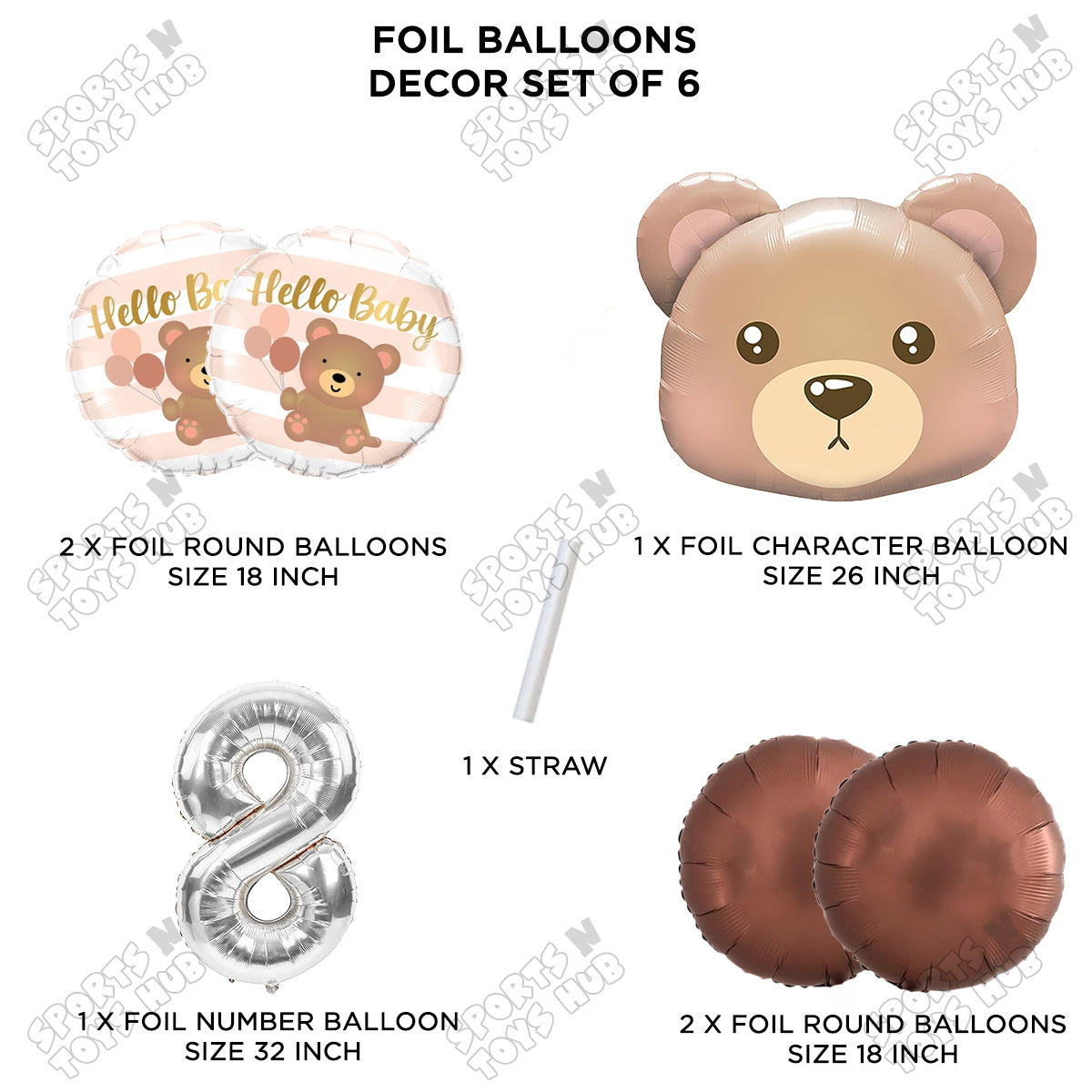 Bear Face With Hello Baby Round Foil Balloon Set - Pack Of 6