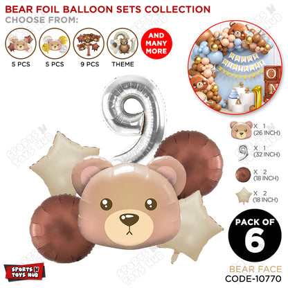 Jungle Safari Bear Face Pack Of 6 Foil Balloon Set