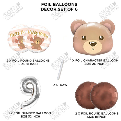 Bear Face With Hello Baby Round Foil Balloon Set - Pack Of 6