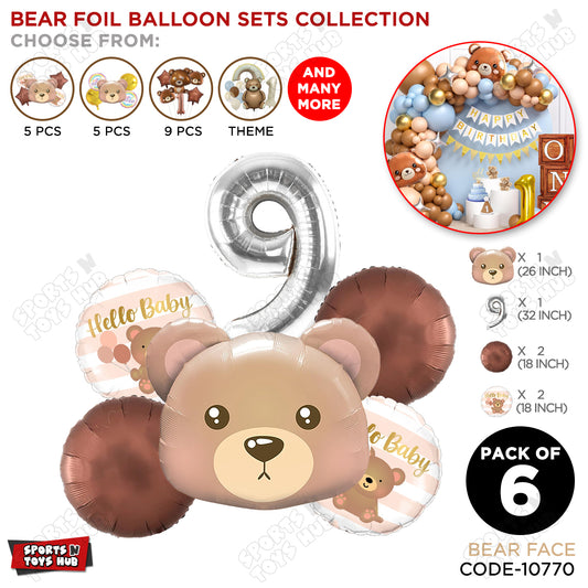 Bear Face With Hello Baby Round Foil Balloon Set - Pack Of 6