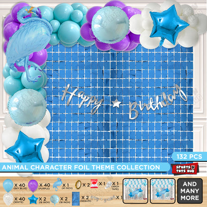 Flamingo Bird Cartoon Character Blue Color Foil Balloon Set With Happy Birthday Cursive Card Banner Arxh Theme