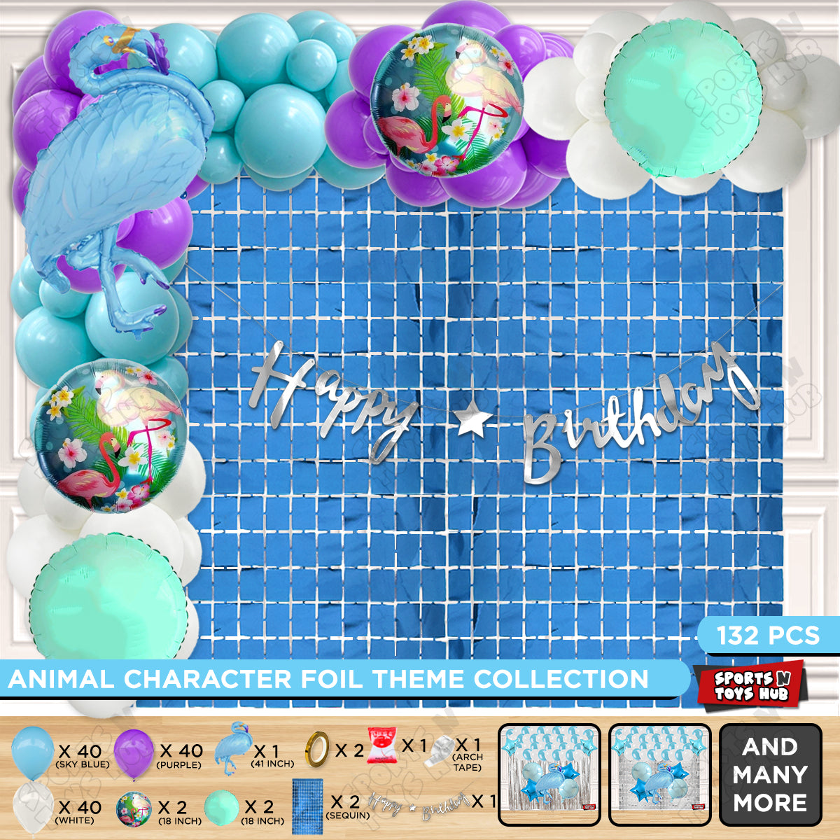 Flamingo Bird Blue Color Foil Balloon Set With Happy Birthday Cursive Card Banner Theme