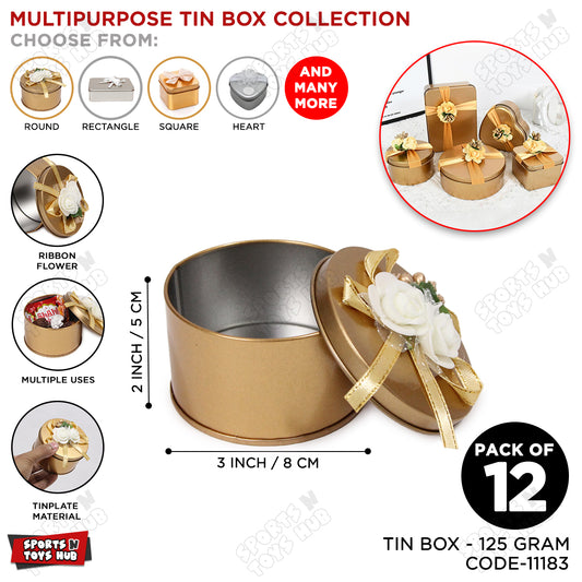 Round Shape Tin Box Wedding Bid Gift Box With Flower Ribbon Collection - Pack 12