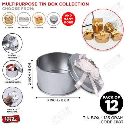 Round Shape Tin Box Wedding Bid Gift Box With Flower Ribbon Collection - Pack 12