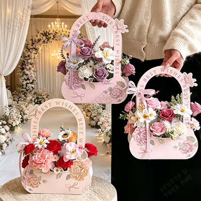 Foldable Vintage Bloom Flower Bag – Elegant Floral Gift Bag | Collapsible Flower Bouquet Holder, Premium Rose Packaging Box for Weddings, Birthdays
