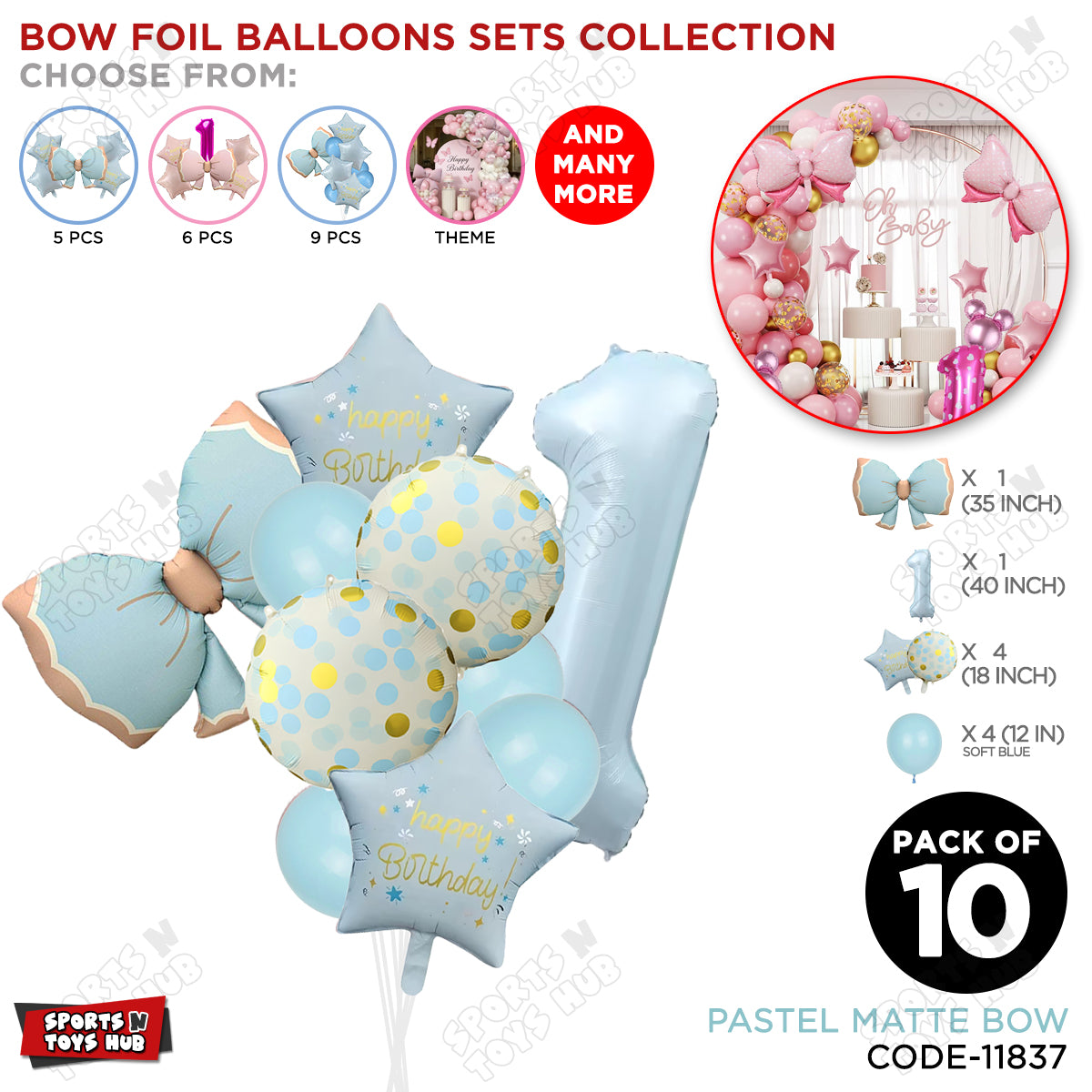 Pastel Matte Blue Bow Foil Balloons Pack of 10 – Baby Shower, Birthday Party & Baby Boy Decoration Supplies