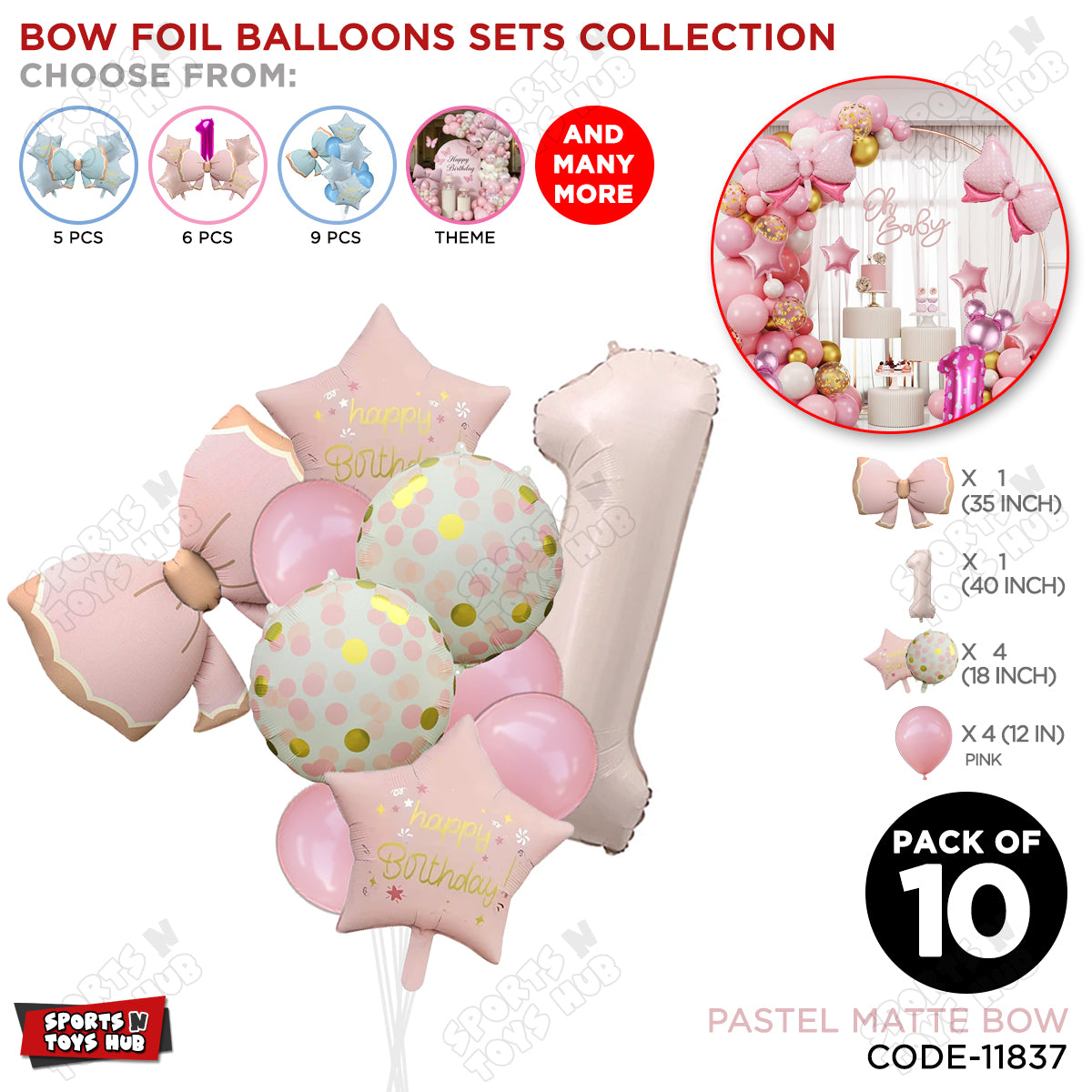 Pastel Matte Pink Bow Foil Balloons Pack of 10 – Baby Shower, Birthday Party & Baby Boy Decoration Supplies