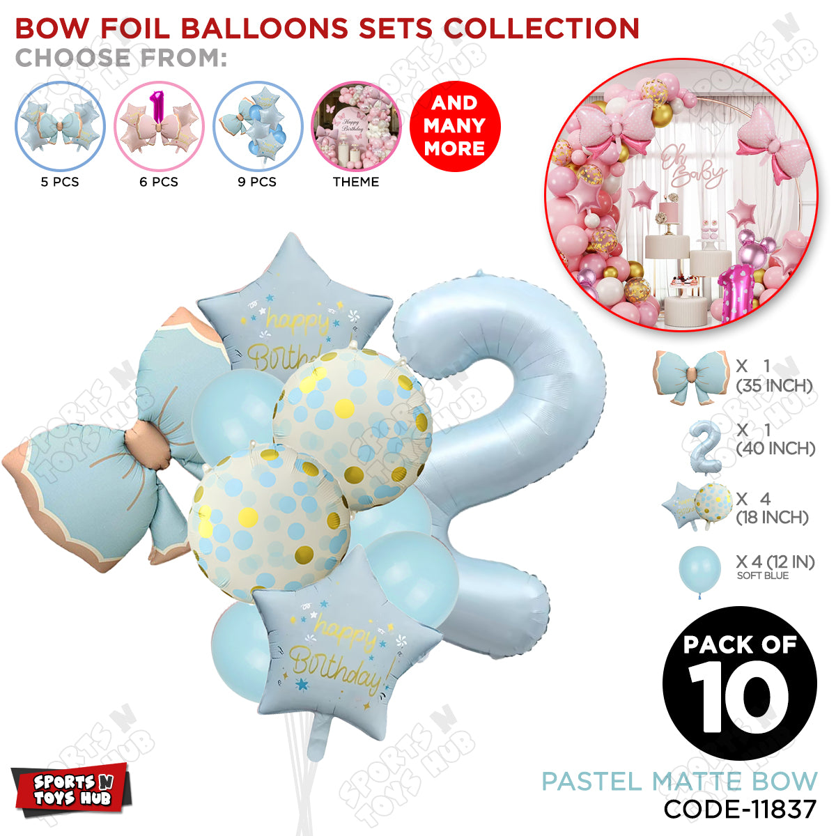 Pastel Matte Blue Bow Foil Balloons Pack of 10 – Baby Shower, Birthday Party & Baby Boy Decoration Supplies