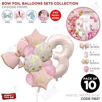 Pastel Matte Pink Bow Foil Balloons Pack of 10 – Baby Shower, Birthday Party & Baby Boy Decoration Supplies