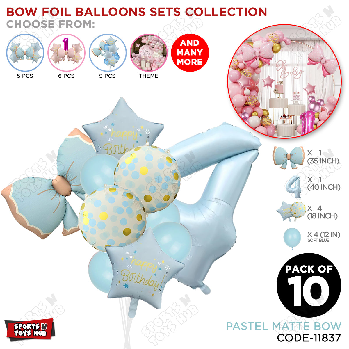 Pastel Matte Blue Bow Foil Balloons Pack of 10 – Baby Shower, Birthday Party & Baby Boy Decoration Supplies