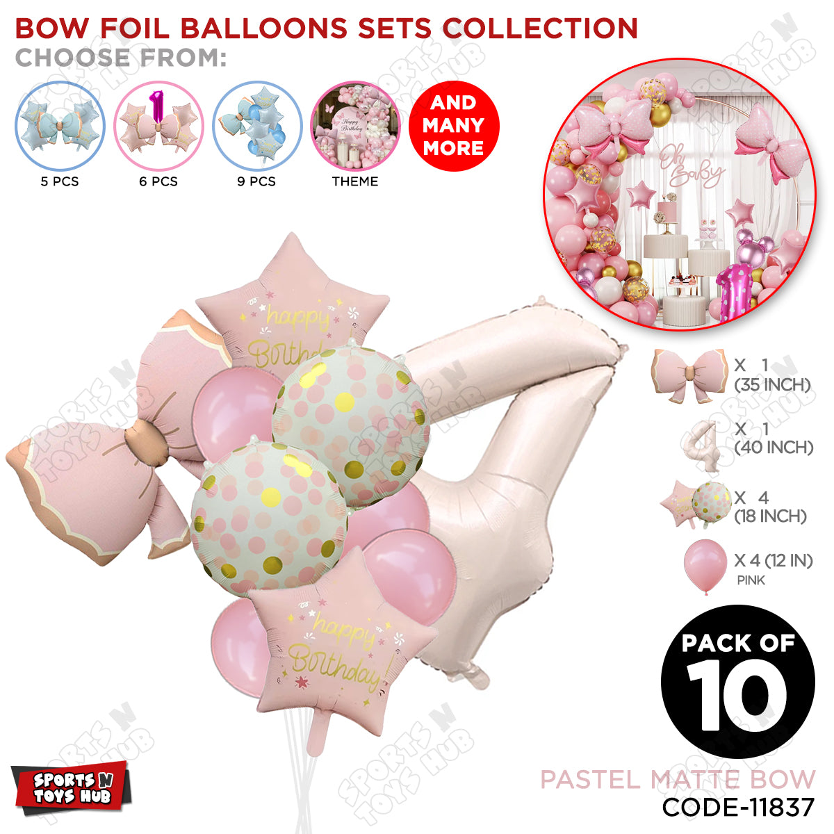Pastel Matte Pink Bow Foil Balloons Pack of 10 – Baby Shower, Birthday Party & Baby Boy Decoration Supplies