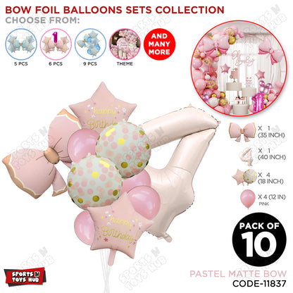Pastel Matte Pink Bow Foil Balloons Pack of 10 – Baby Shower, Birthday Party & Baby Boy Decoration Supplies