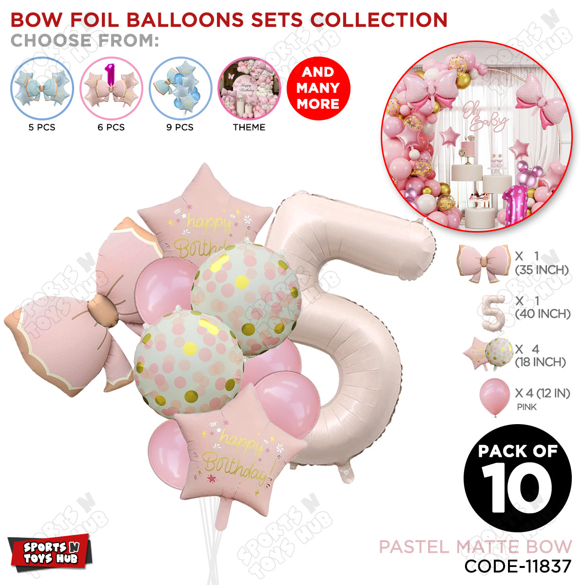 Pastel Matte Pink Bow Foil Balloons Pack of 10 – Baby Shower, Birthday Party & Baby Boy Decoration Supplies