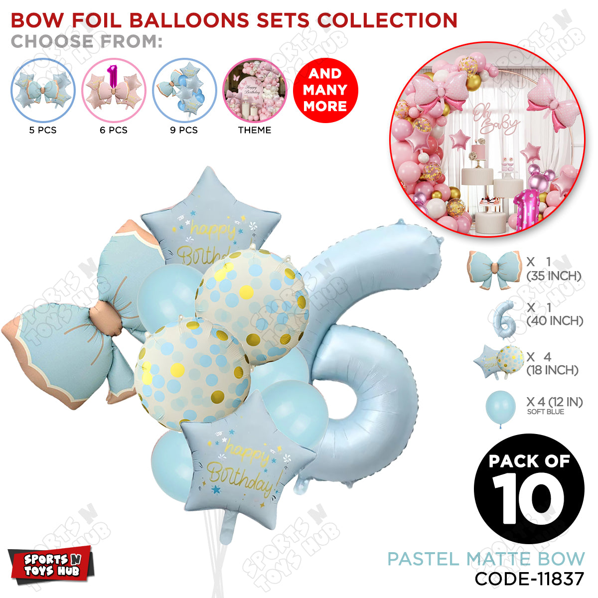 Pastel Matte Blue Bow Foil Balloons Pack of 10 – Baby Shower, Birthday Party & Baby Boy Decoration Supplies