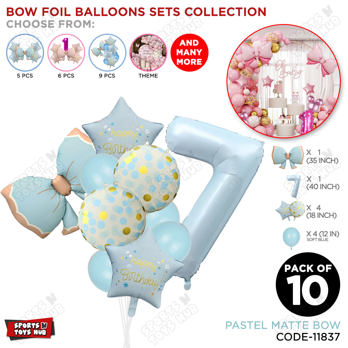 Pastel Matte Blue Bow Foil Balloons Pack of 10 – Baby Shower, Birthday Party & Baby Boy Decoration Supplies