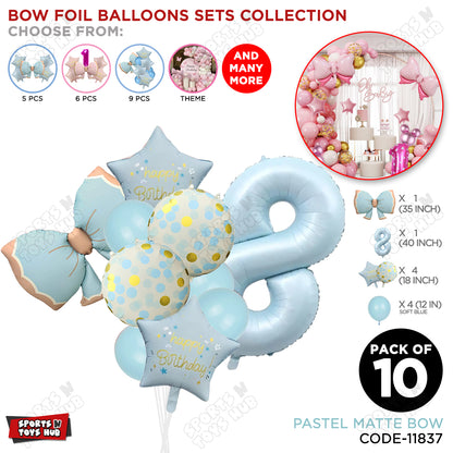 Pastel Matte Blue Bow Foil Balloons Pack of 10 – Baby Shower, Birthday Party & Baby Boy Decoration Supplies