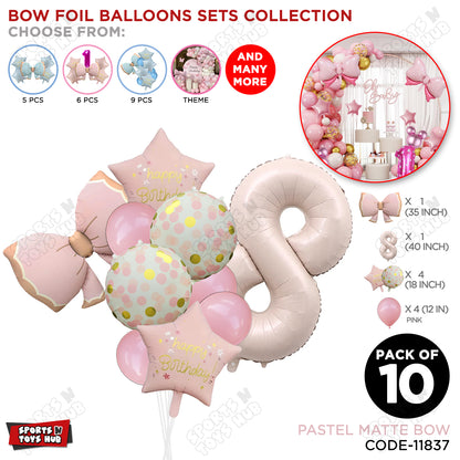 Pastel Matte Pink Bow Foil Balloons Pack of 10 – Baby Shower, Birthday Party & Baby Boy Decoration Supplies