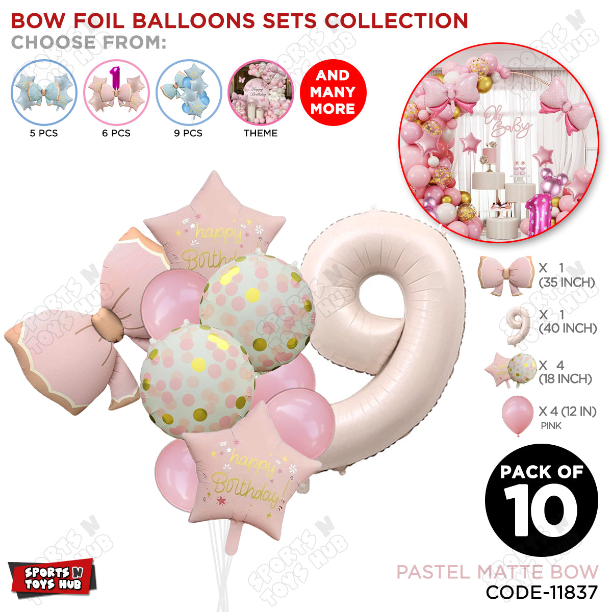 Pastel Matte Pink Bow Foil Balloons Pack of 10 – Baby Shower, Birthday Party & Baby Boy Decoration Supplies