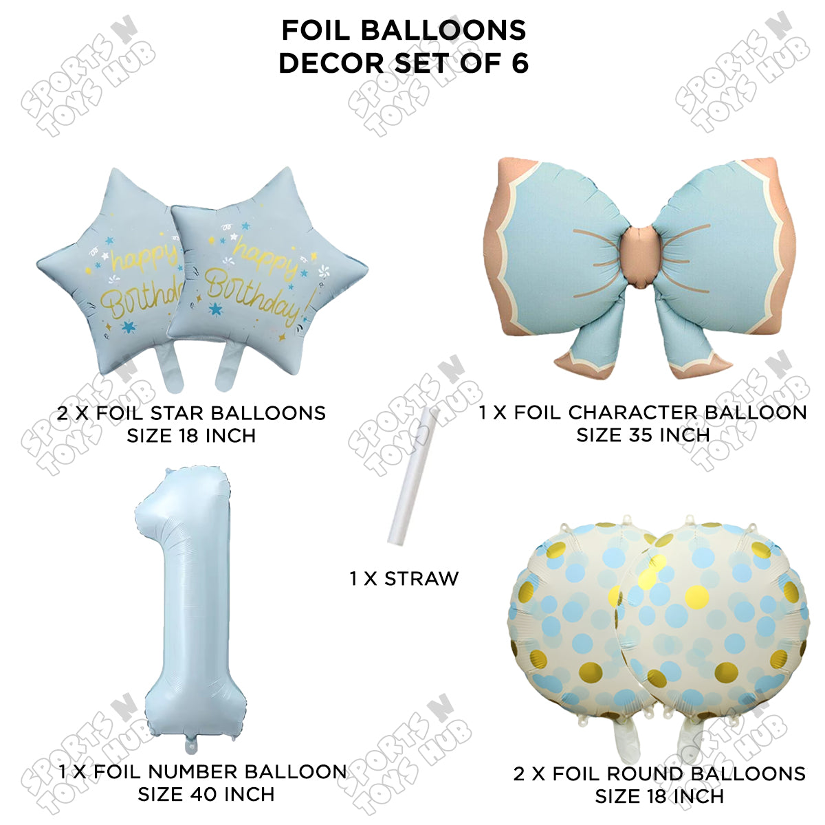 Pastel Matte Blue Color Bow Pack Of 6 Foil Balloon Set