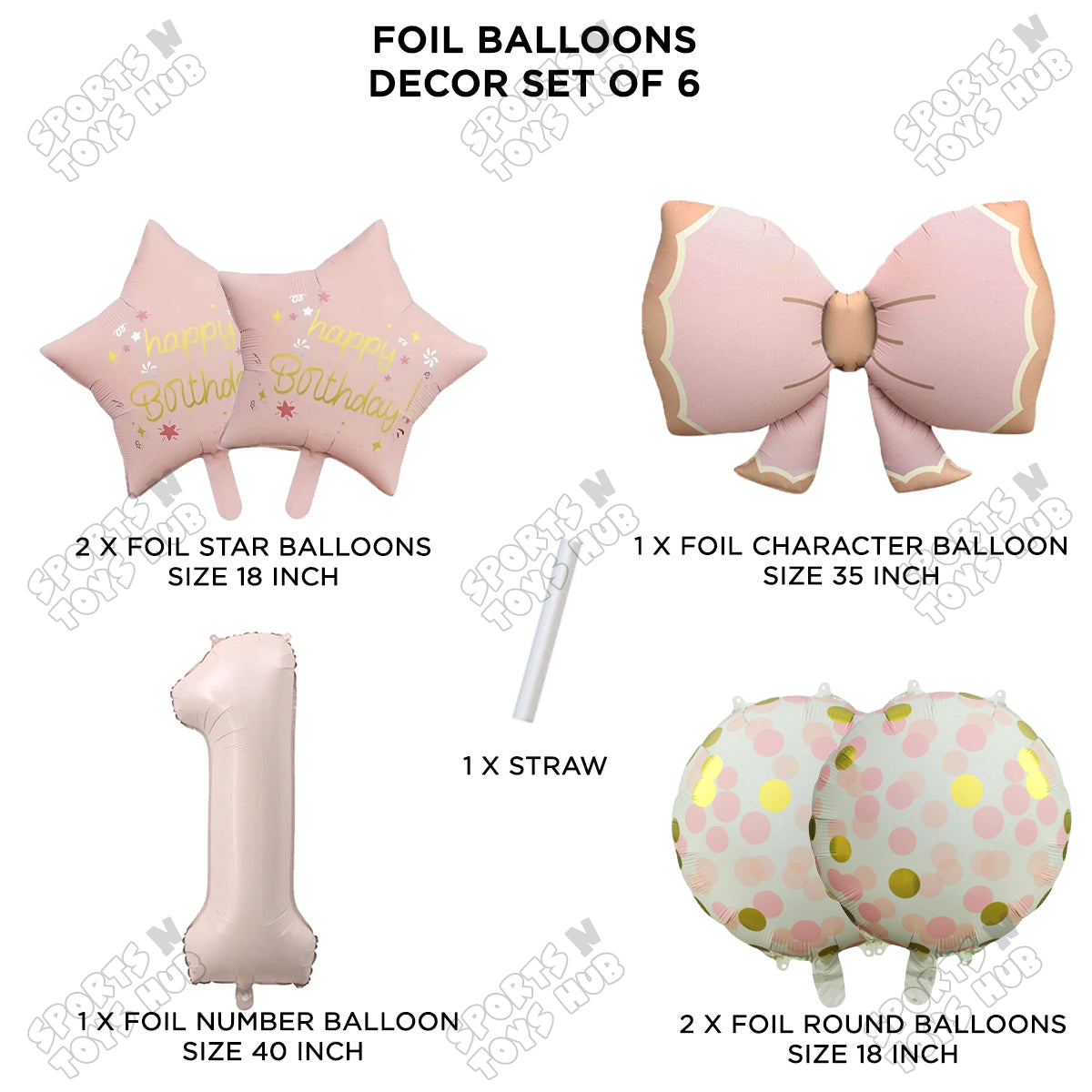 Pastel Matte Pink Color Bow Pack Of 6 Foil Balloon Set