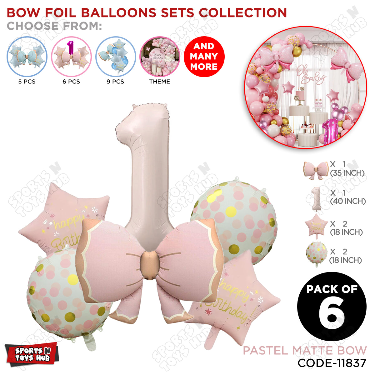 Pastel Matte Pink Color Bow Pack Of 6 Foil Balloon Set