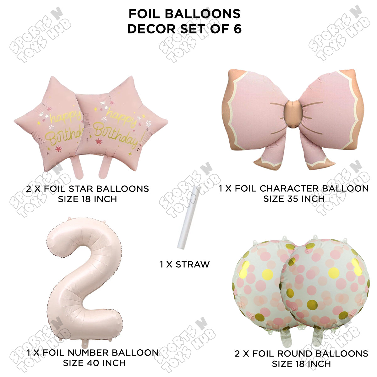 Pastel Matte Pink Color Bow Pack Of 6 Foil Balloon Set