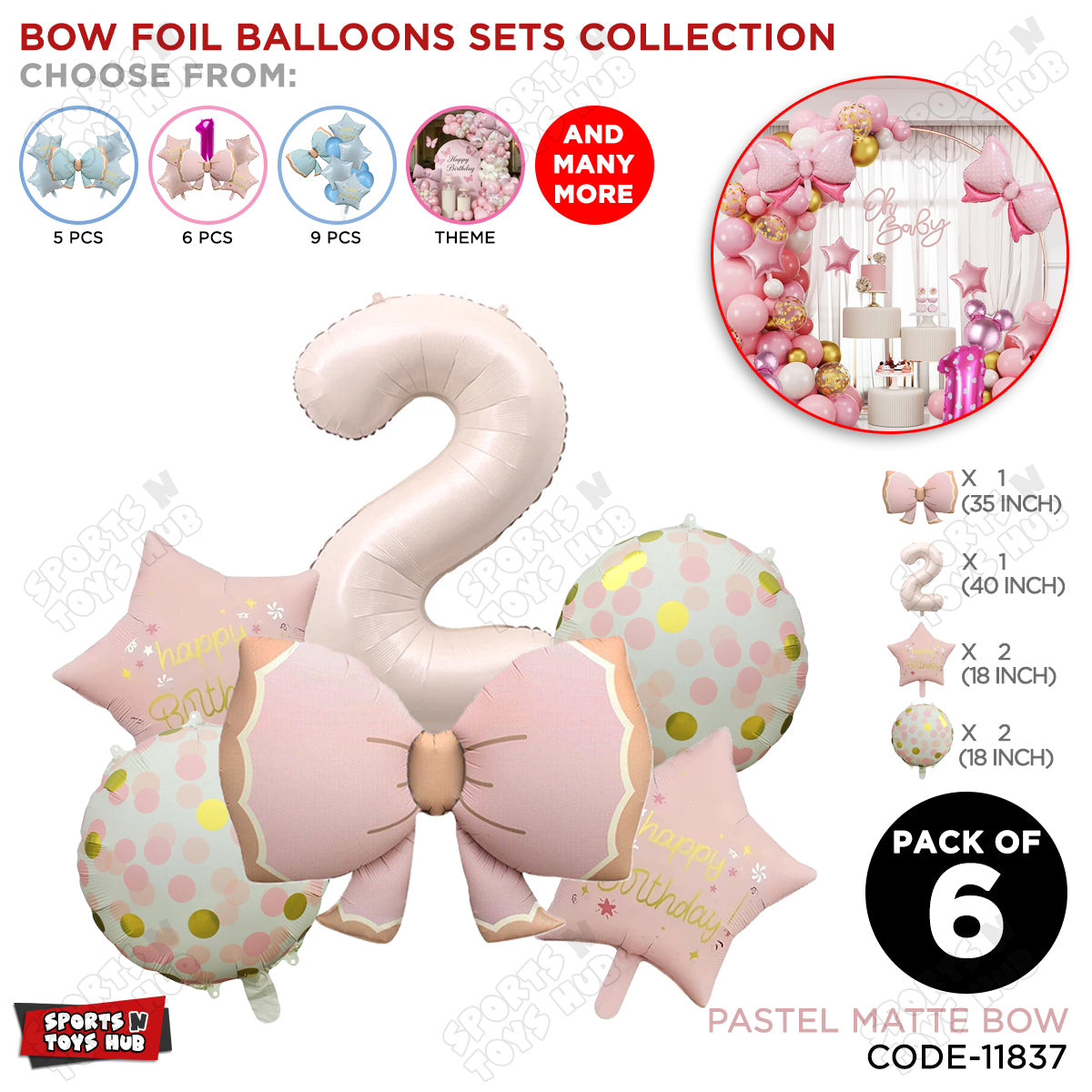 Pastel Matte Pink Color Bow Pack Of 6 Foil Balloon Set