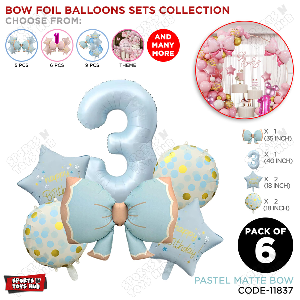 Pastel Matte Blue Color Bow Pack Of 6 Foil Balloon Set