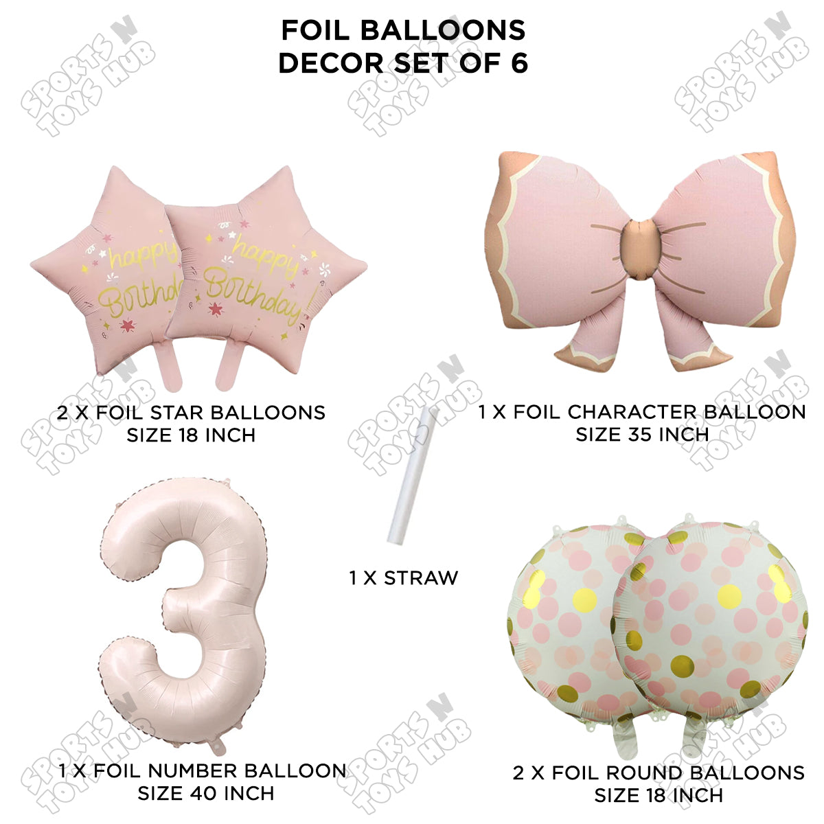 Pastel Matte Pink Color Bow Pack Of 6 Foil Balloon Set