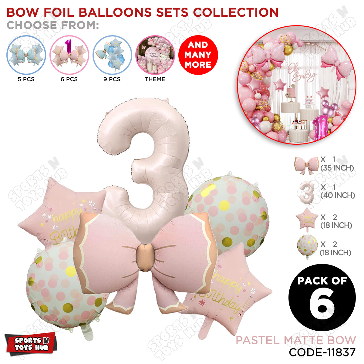 Pastel Matte Pink Color Bow Pack Of 6 Foil Balloon Set