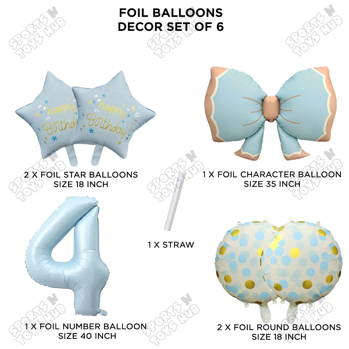 Pastel Matte Blue Color Bow Pack Of 6 Foil Balloon Set