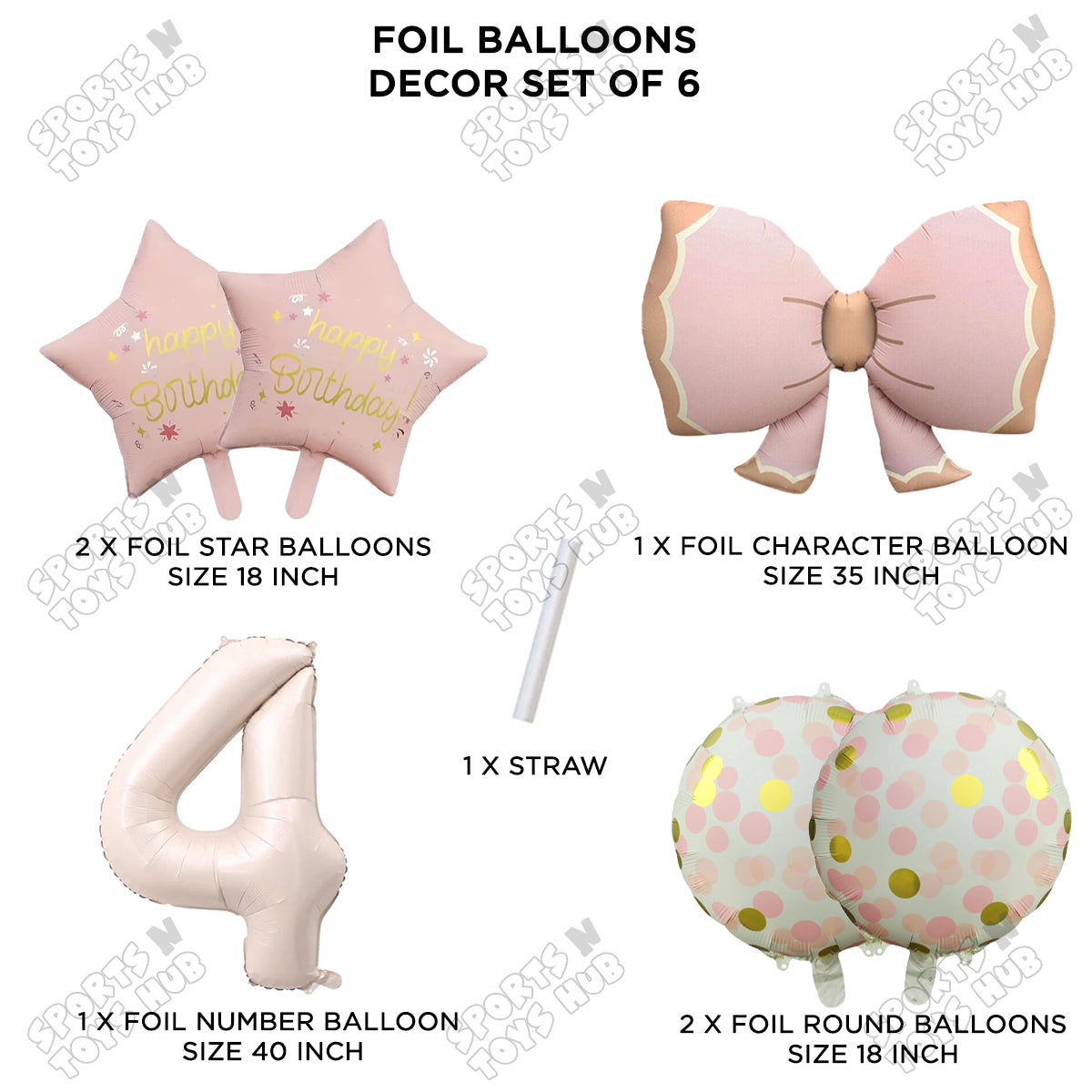 Pastel Matte Pink Color Bow Pack Of 6 Foil Balloon Set