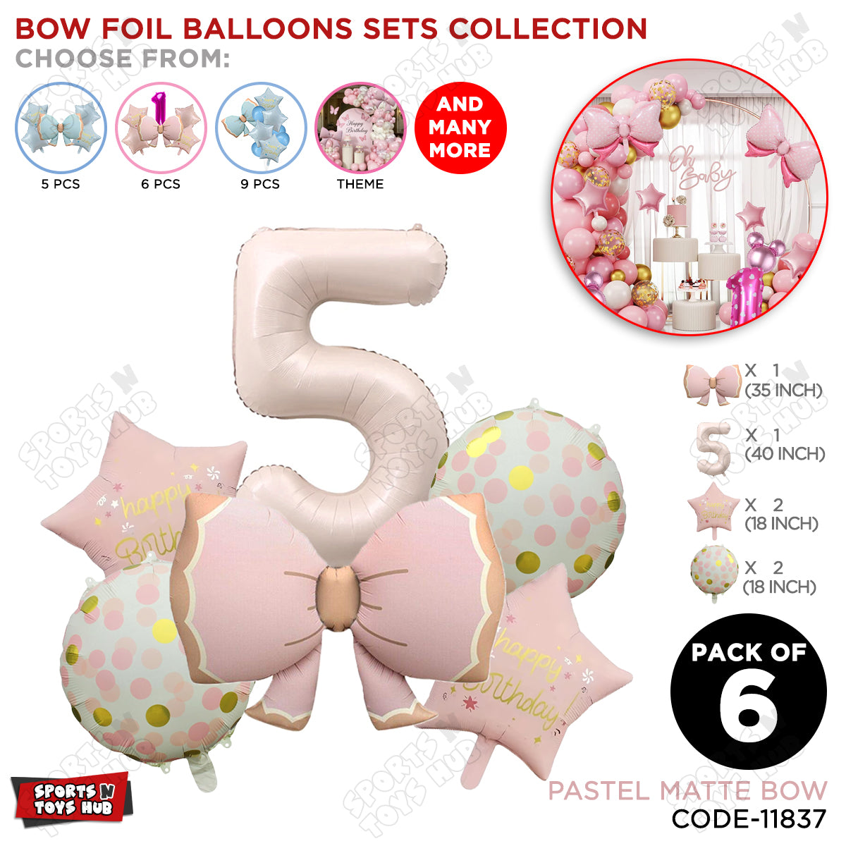 Pastel Matte Pink Color Bow Pack Of 6 Foil Balloon Set