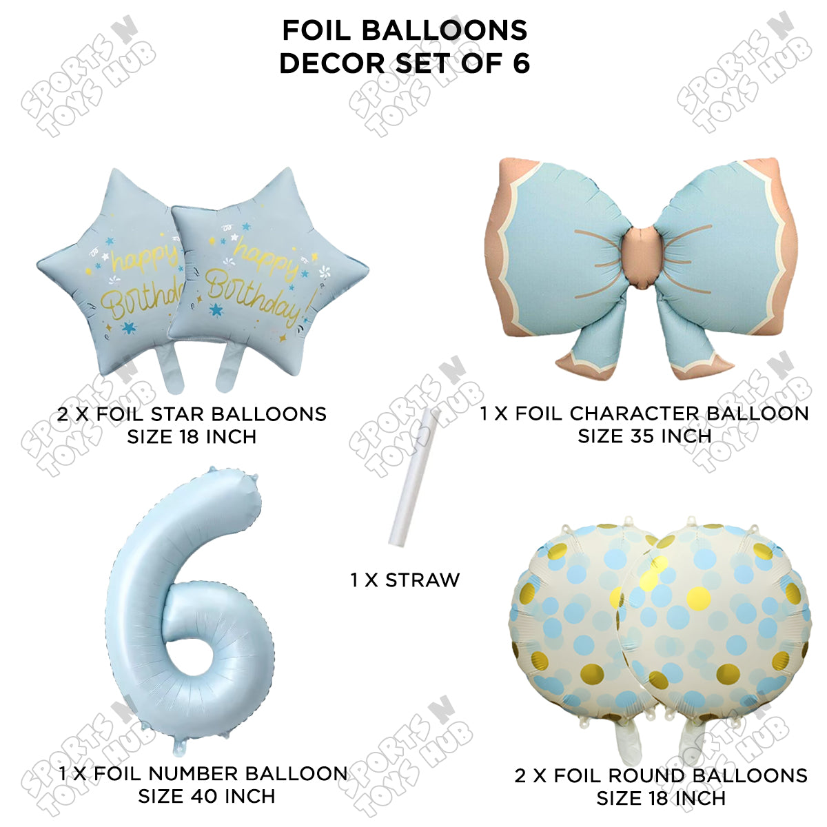 Pastel Matte Blue Color Bow Pack Of 6 Foil Balloon Set
