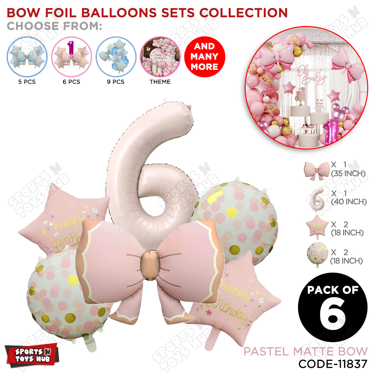 Pastel Matte Pink Color Bow Pack Of 6 Foil Balloon Set