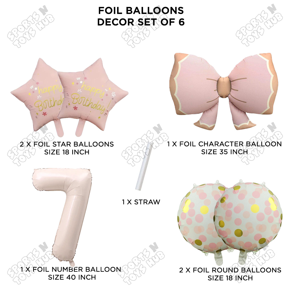 Pastel Matte Pink Color Bow Pack Of 6 Foil Balloon Set