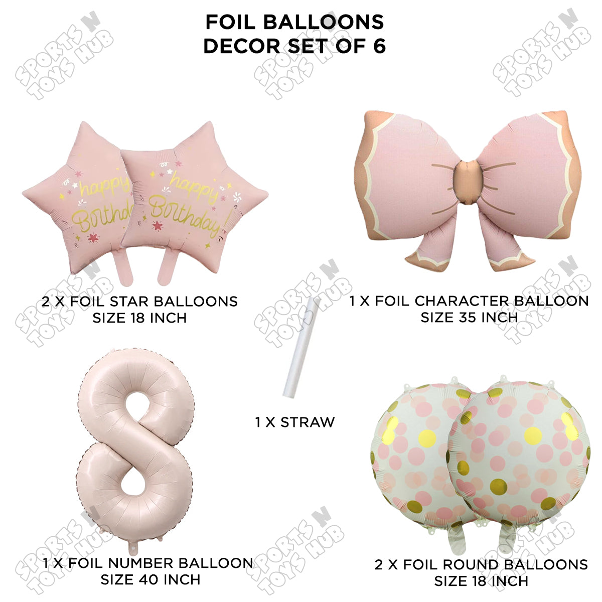 Pastel Matte Pink Color Bow Pack Of 6 Foil Balloon Set