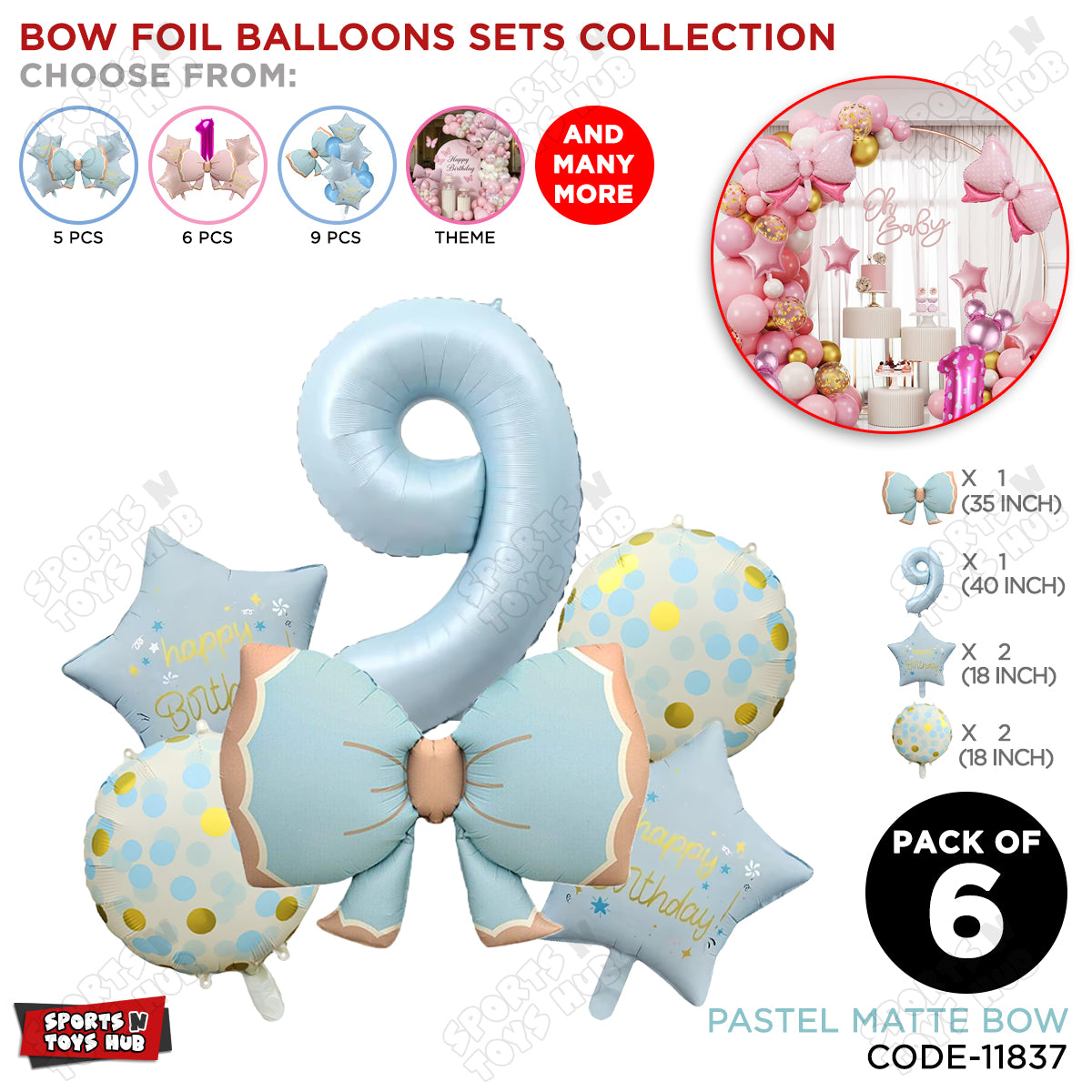 Pastel Matte Blue Color Bow Pack Of 6 Foil Balloon Set