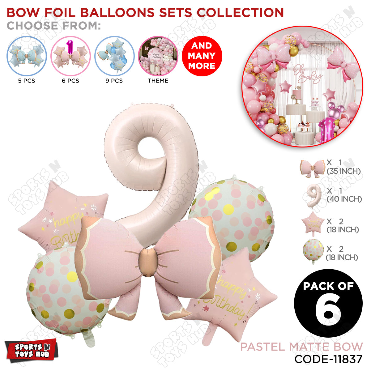 Pastel Matte Pink Color Bow Pack Of 6 Foil Balloon Set