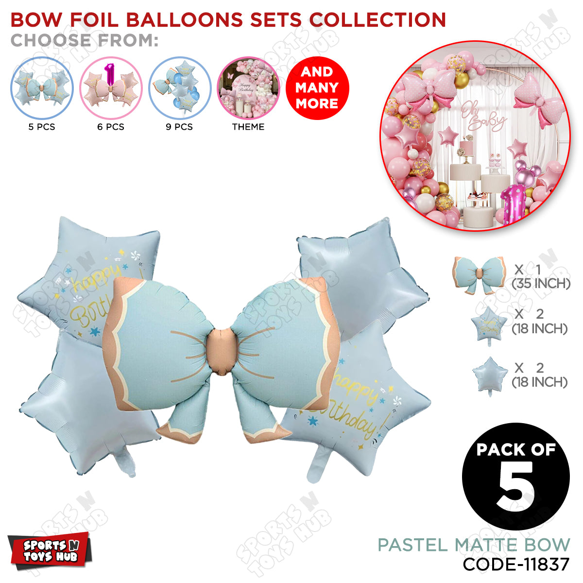 Pastel Matte Bow Pack Of 5 Foil Balloon Set