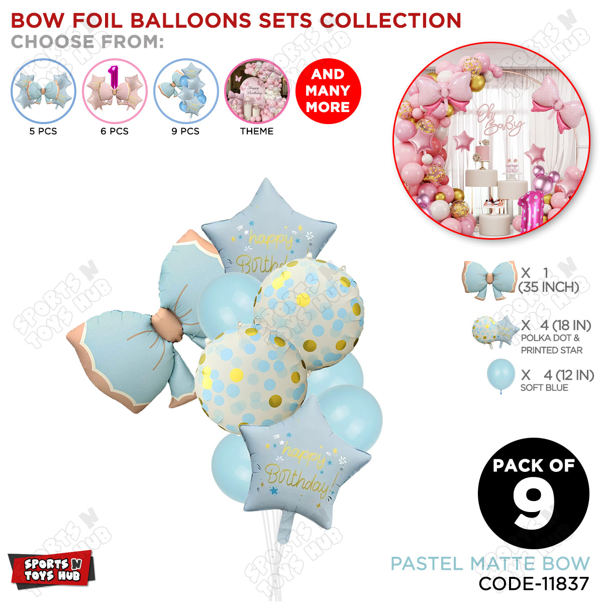 Pastel Matte Blue Bow Foil Balloons Pack of 9 – Baby Shower, Birthday Party & Baby Boy Decoration Supplies