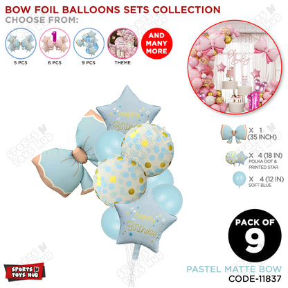 Pastel Matte Blue Bow Foil Balloons Pack of 9 – Baby Shower, Birthday Party & Baby Boy Decoration Supplies