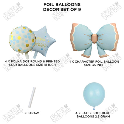 Pastel Matte Blue Bow Foil Balloons Pack of 9 – Baby Shower, Birthday Party & Baby Boy Decoration Supplies