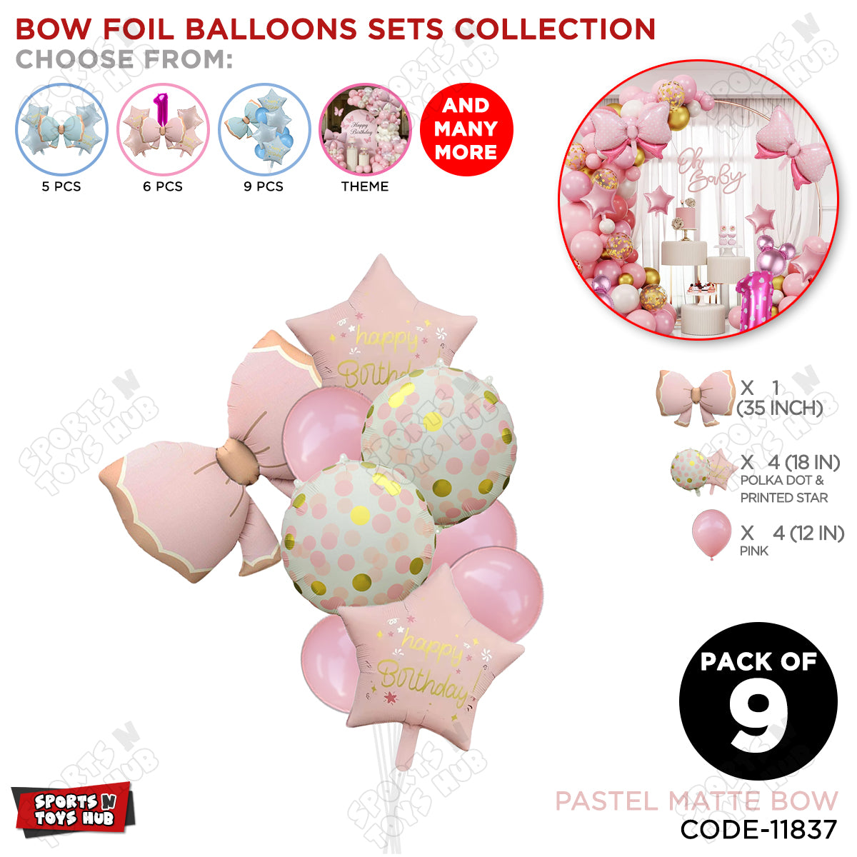 Pastel Matte Pink Bow Foil Balloons Pack of 9 – Baby Shower, Birthday Party & Baby Boy Decoration Supplies