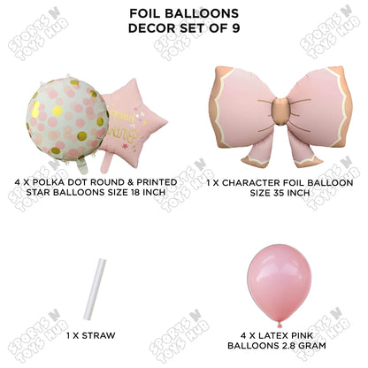 Pastel Matte Pink Bow Foil Balloons Pack of 9 – Baby Shower, Birthday Party & Baby Boy Decoration Supplies