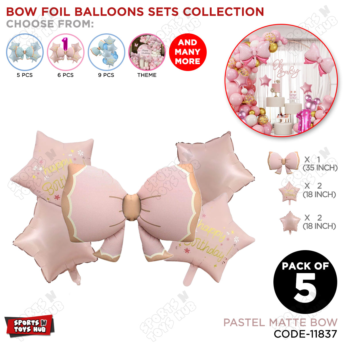 Pastel Matte Bow Pack Of 5 Foil Balloon Set