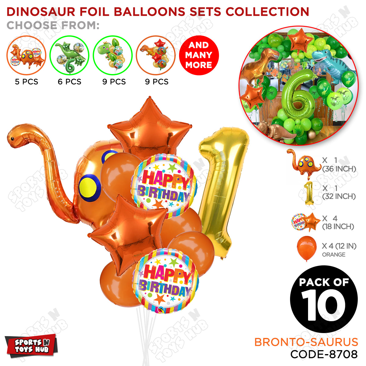Bronto-Saurus Foil Balloon Pack Of 10 Set With 32 Inch Foil Number Balloons