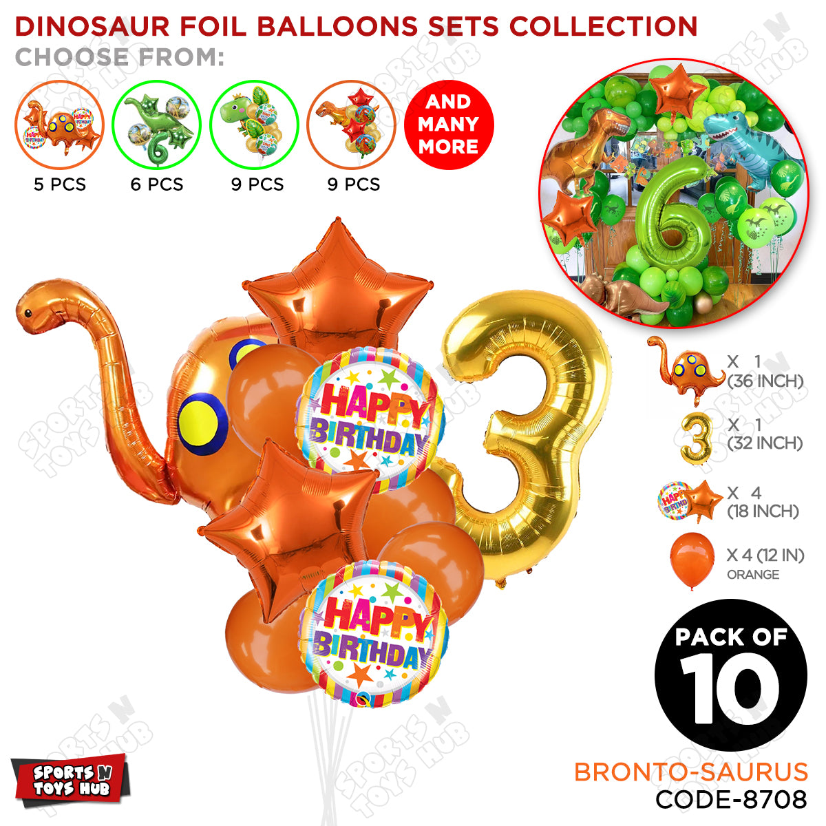 Bronto-Saurus Foil Balloon Pack Of 10 Set With 32 Inch Foil Number Balloons
